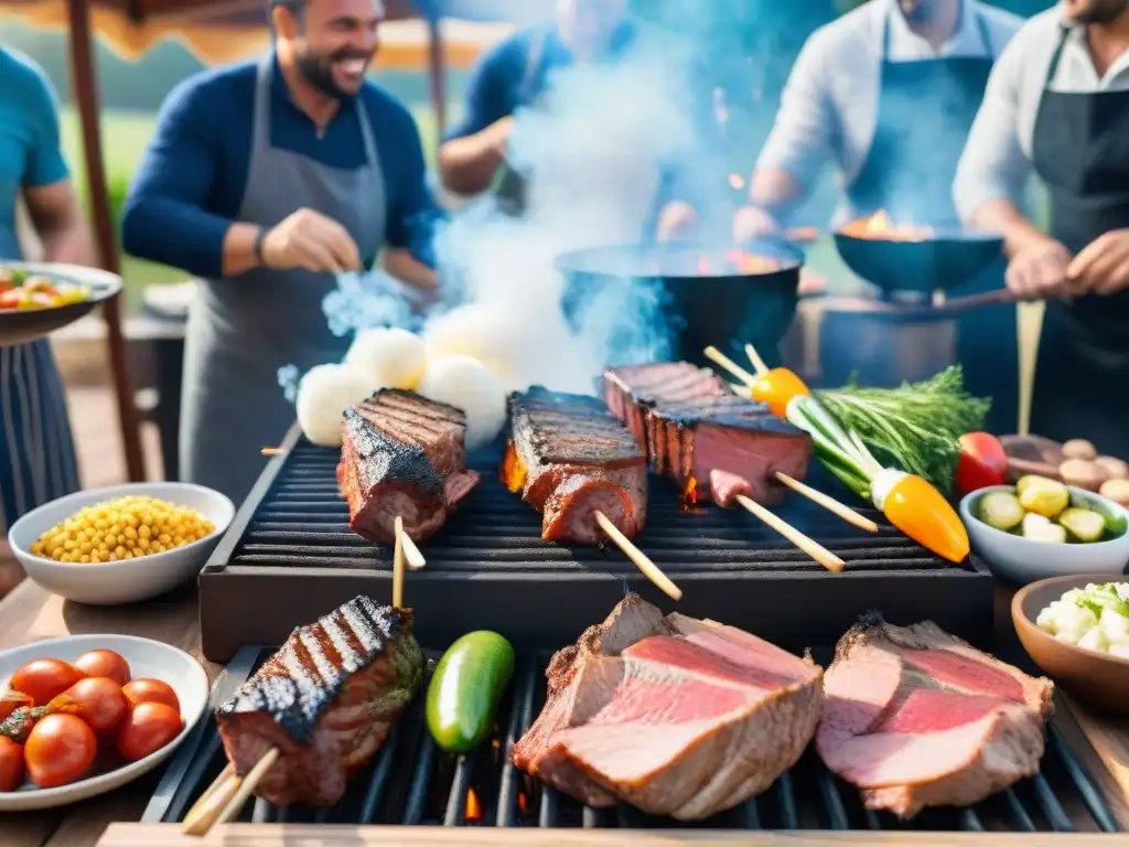 Un asado uruguayo tradicional al aire libre en un día soleado, con variaciones en el grill y una atmósfera festiva entre amigos y familiares