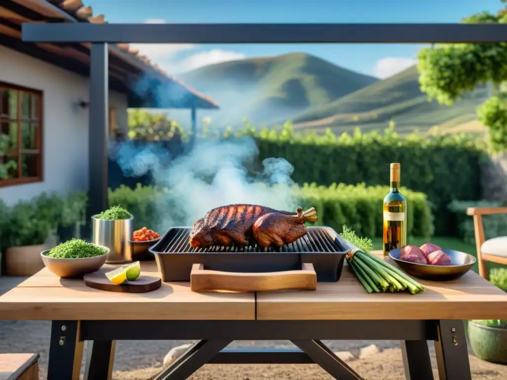 Un asado uruguayo tradicional al aire libre con equipo de alta calidad y una atmósfera cálida y acogedora