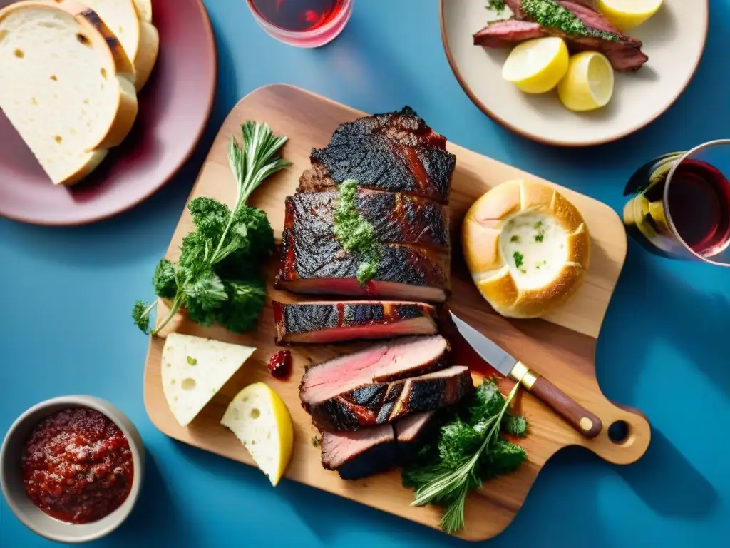 Un asado uruguayo tradicional al aire libre con carnes, chimichurri, vino y accesorios gauchos, evocando la historia del asado uruguayo famoso