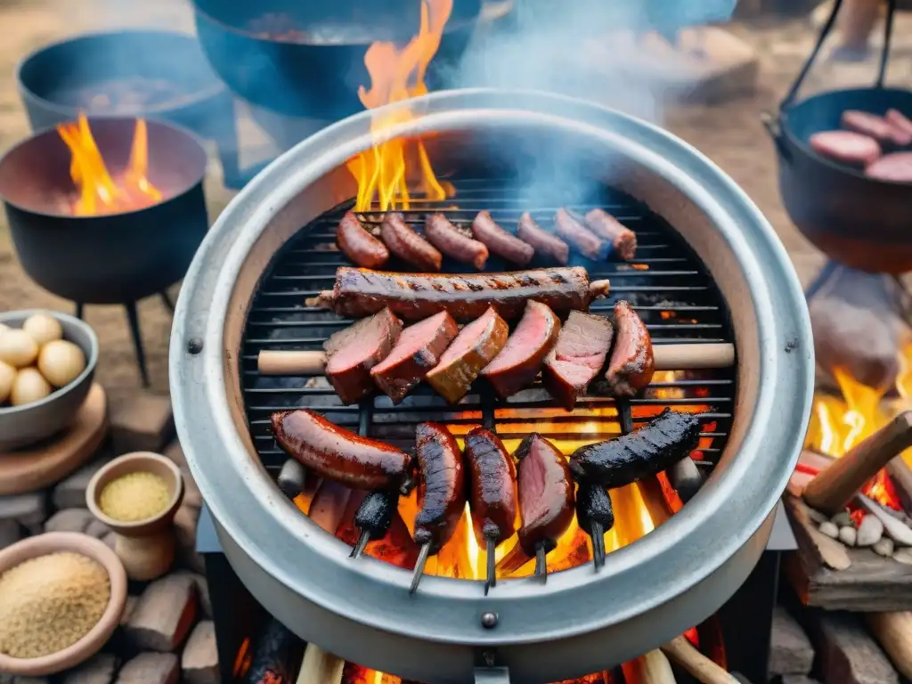 Un asado uruguayo tradicional al aire libre, con expertos asadores y una parrilla llena de carnes, iluminado por la cálida luz del atardecer