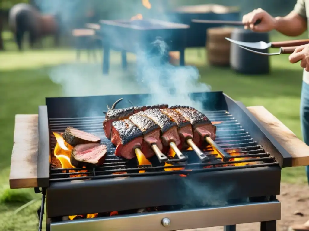 Un asado uruguayo tradicional al aire libre en un día soleado, rodeado de naturaleza, amigos y prácticas sostenibles