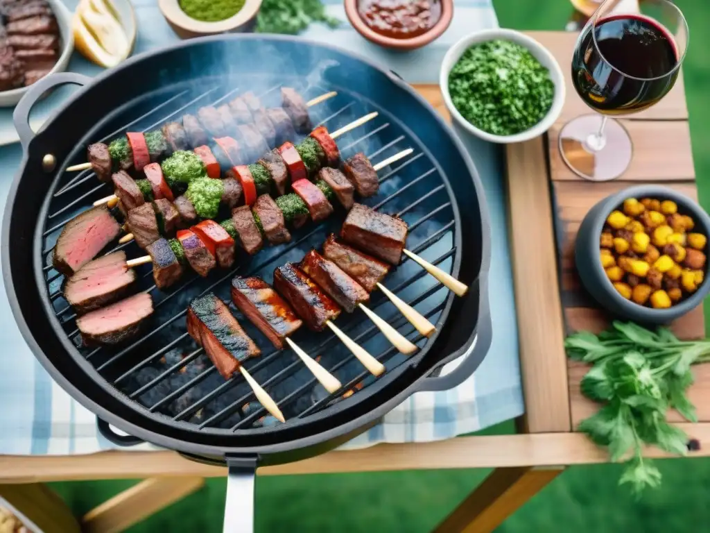 Un asado uruguayo tradicional al aire libre con carnes, chimichurri y vino Tannat