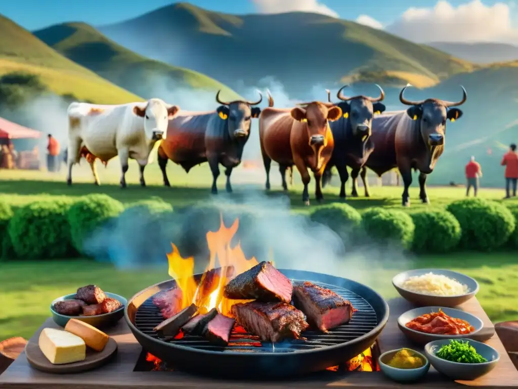 Un asado uruguayo tradicional de alta calidad con amigos y familiares disfrutando en un entorno campestre