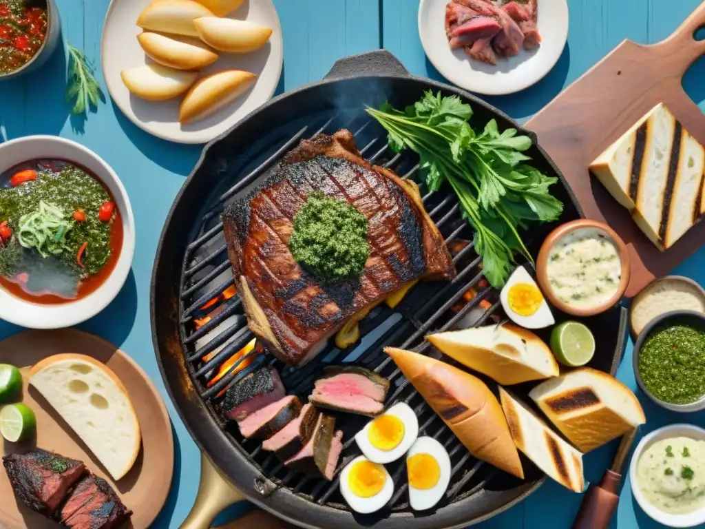 Un asado uruguayo tradicional con amigos y familia disfrutando del aire libre y la comida, rodeados de una escena campestre pintoresca