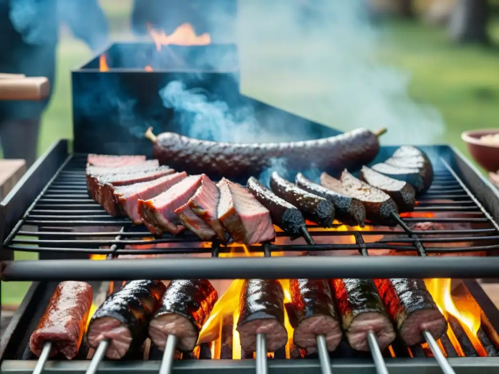 Un asado uruguayo tradicional con amigos disfrutando de la parrilla al aire libre