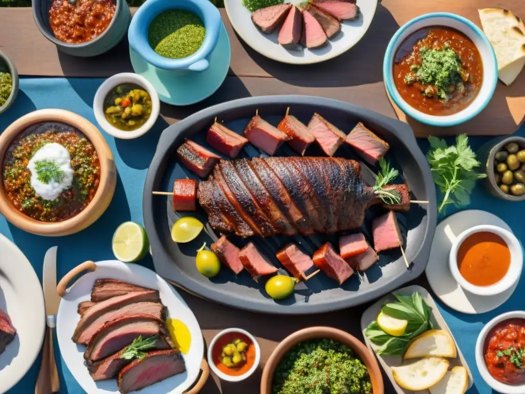 Un asado uruguayo tradicional con amigos y familia disfrutando salsas para asado uruguayo, en un escenario campestre pintoresco