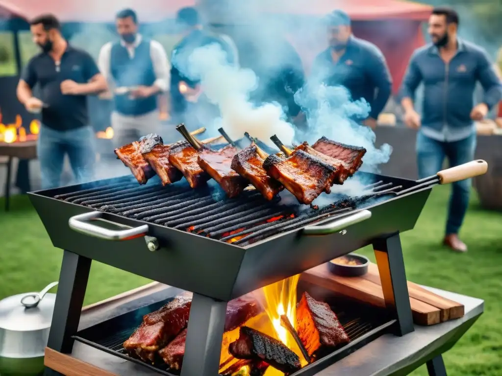 Un asado uruguayo tradicional con amigos y familia disfrutando de cerdo y chorizos en una parrilla al aire libre