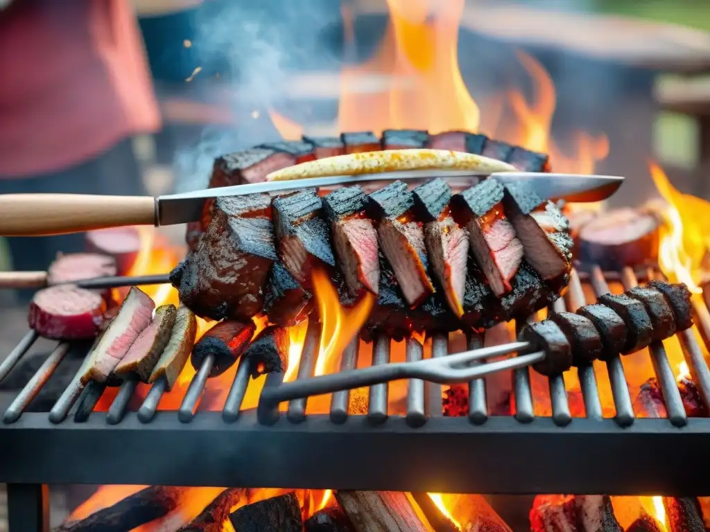 Un asado uruguayo tradicional con amigos y familia alrededor, en un atardecer cálido