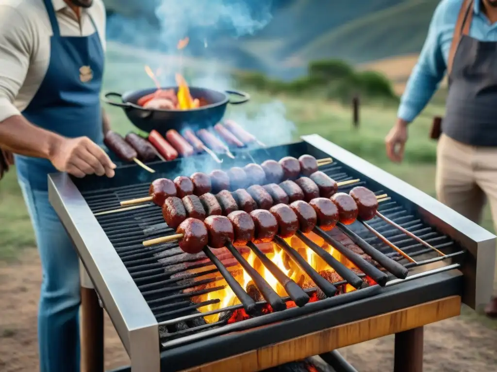 Un asado uruguayo tradicional con amigos riendo y disfrutando de la experiencia comunal alrededor de una parrilla rústica