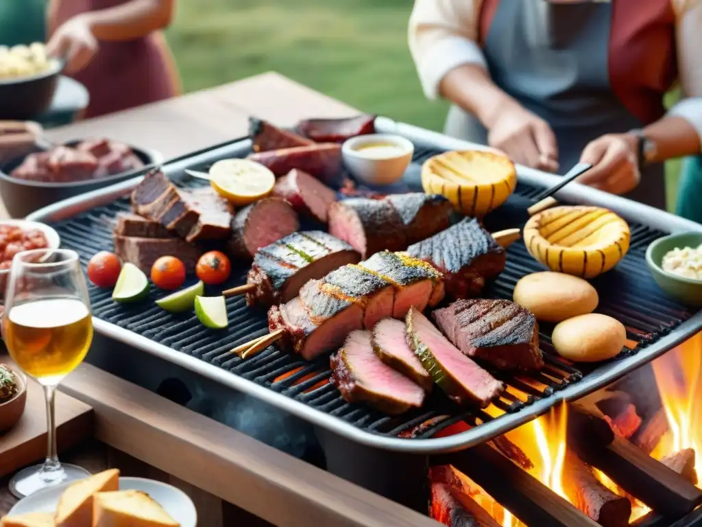 Un asado uruguayo tradicional con amigos y familia alrededor de una mesa, compartiendo risas y alegría alrededor de la parrilla