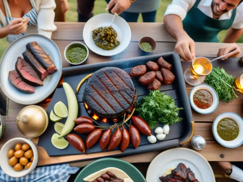 Un asado uruguayo tradicional con amigos y familiares, en un ambiente cálido bajo luces brillantes