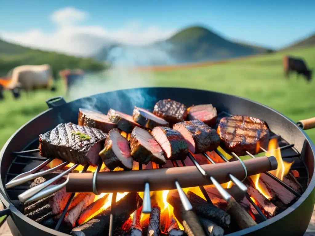 Asado uruguayo: tradición y camaradería al aire libre Un asado uruguayo tradicional: amigos y familia reúnen alrededor de la parrilla, con cortes de carne cocinándose sobre las brasas, bajo un cielo azul