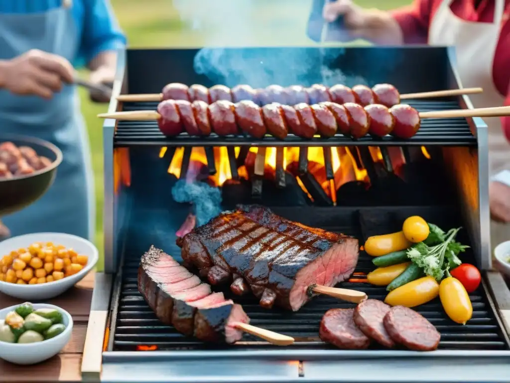 Un asado uruguayo tradicional con amigos y familiares bajo el cielo azul