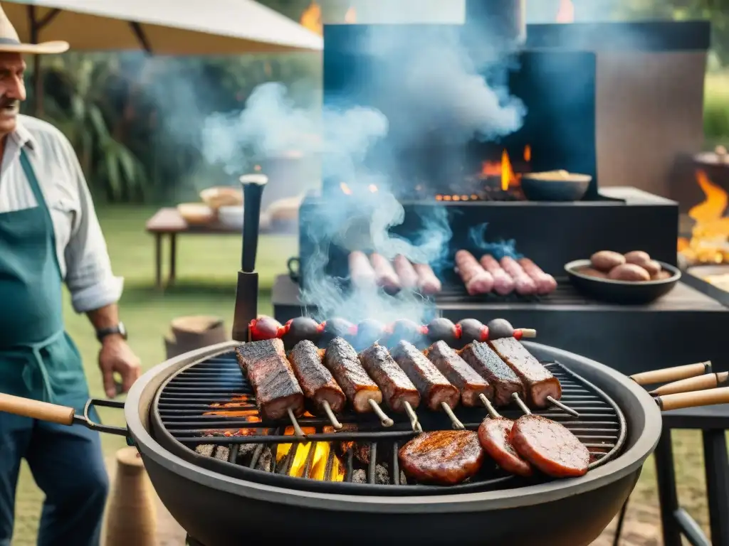 Un asado uruguayo tradicional con ancianos compartiendo historias y técnicas de parrilla, rodeados de naturaleza exuberante