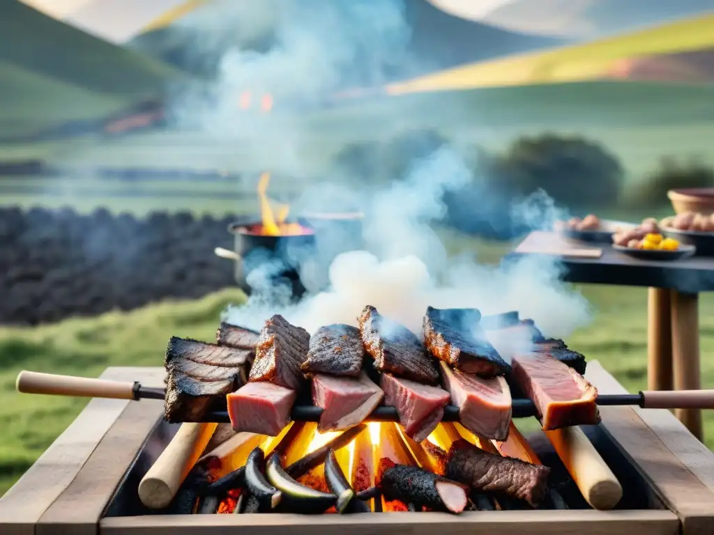 Un asado uruguayo tradicional cocinándose en un asador rústico, rodeado de amigos y familiares en un paisaje campestre, historia del asado uruguayo