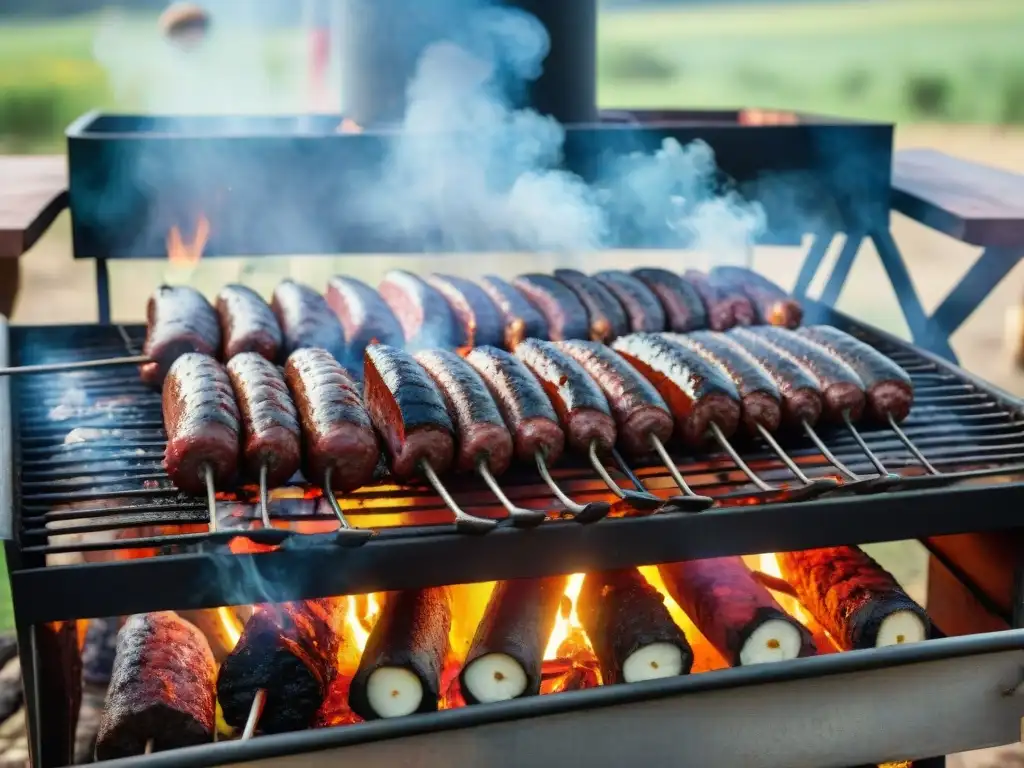 Un asado uruguayo tradicional cocinándose en el asador al aire libre, rodeado de amigos y familiares, en un paisaje campestre