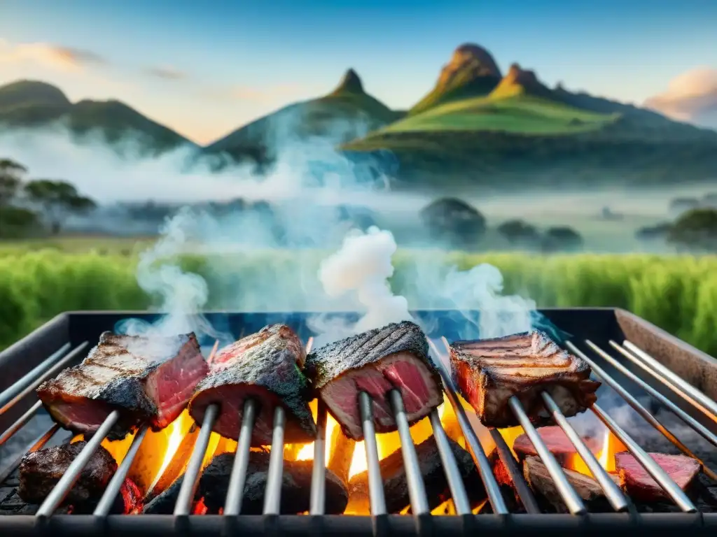 Un asado uruguayo tradicional cocinándose en un asador rústico con cortes suculentos sobre brasas, en un paisaje campestre