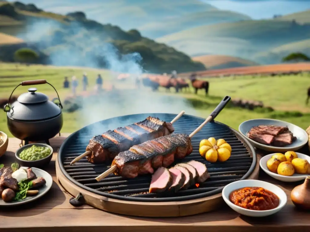 Un asado uruguayo tradicional donde asadores expertos muestran técnicas de asado uruguayo, rodeados de delicias culinarias y paisajes campestres