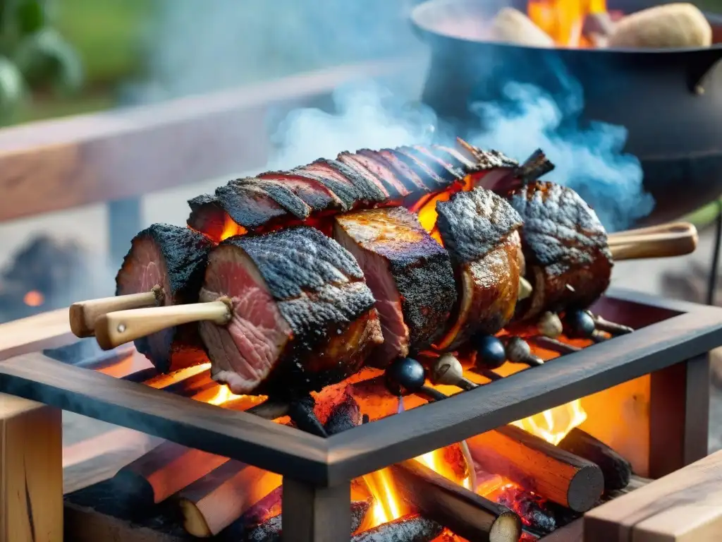 Un asado uruguayo tradicional siendo braseado lentamente sobre brasas, con la carne jugosa y el chef experto en la técnica de braseado