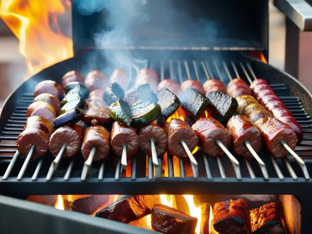 Un asado uruguayo tradicional cocinándose lentamente sobre brasas calientes, con capas de carne, verduras y chorizos en la parrilla