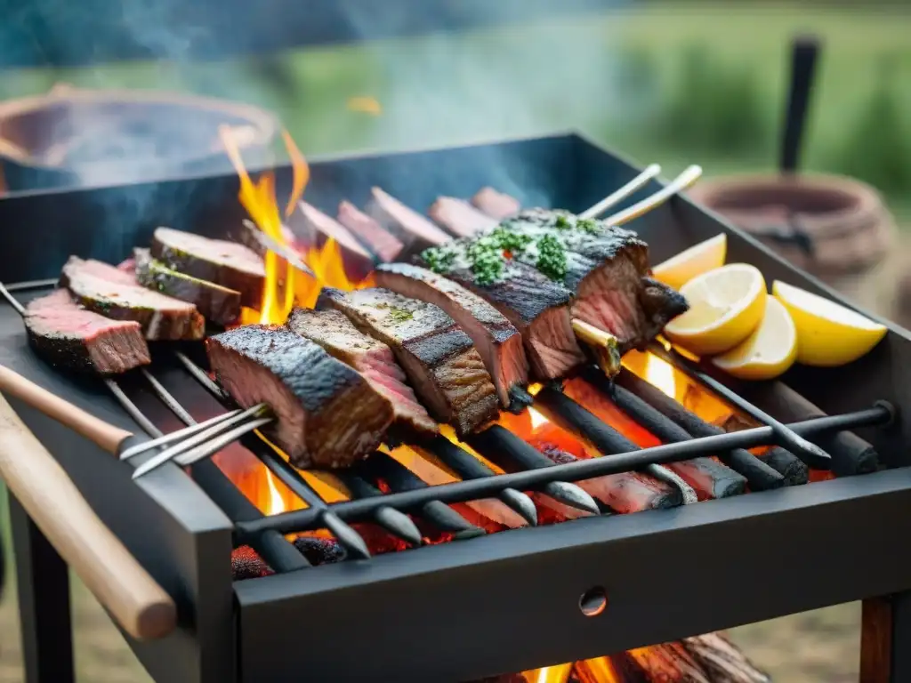 Un asado uruguayo tradicional en la campiña: carnes asándose sobre brasas, mesa rústica con chimichurri y vino uruguayo