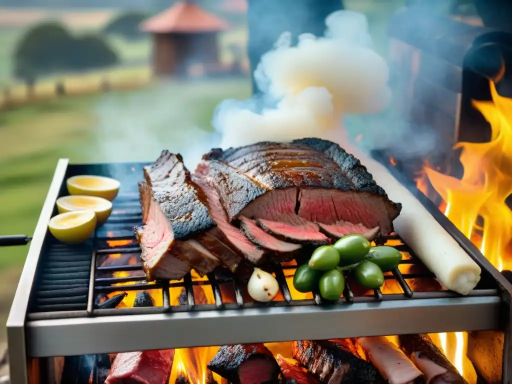 Un asado uruguayo tradicional en la campiña, con gauchos, carnes y vegetales, humo y aromas