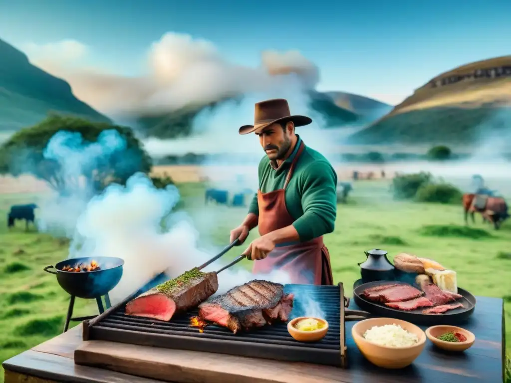 Un asado uruguayo tradicional en la campiña, gauchos cocinando con destreza rodeados de historia del asado uruguayo evolución