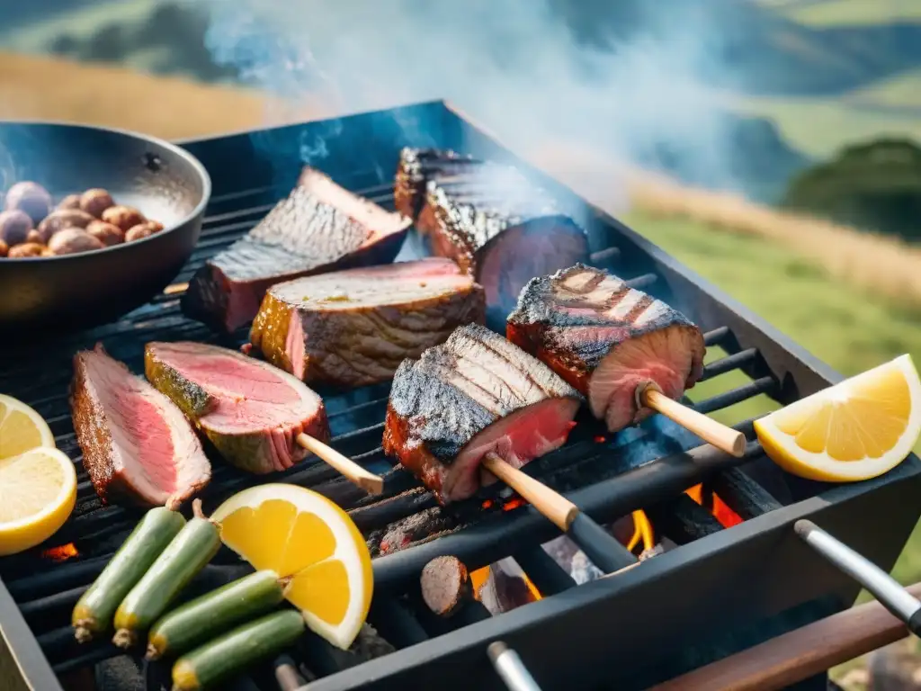 Un asado uruguayo tradicional en la campiña con amigos disfrutando de vinos orgánicos para asado uruguayo