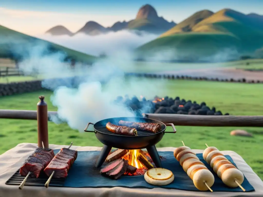 Un asado uruguayo tradicional en el campo, fusionando técnicas innovadoras y herencia, con gauchos y carnes en la parrilla