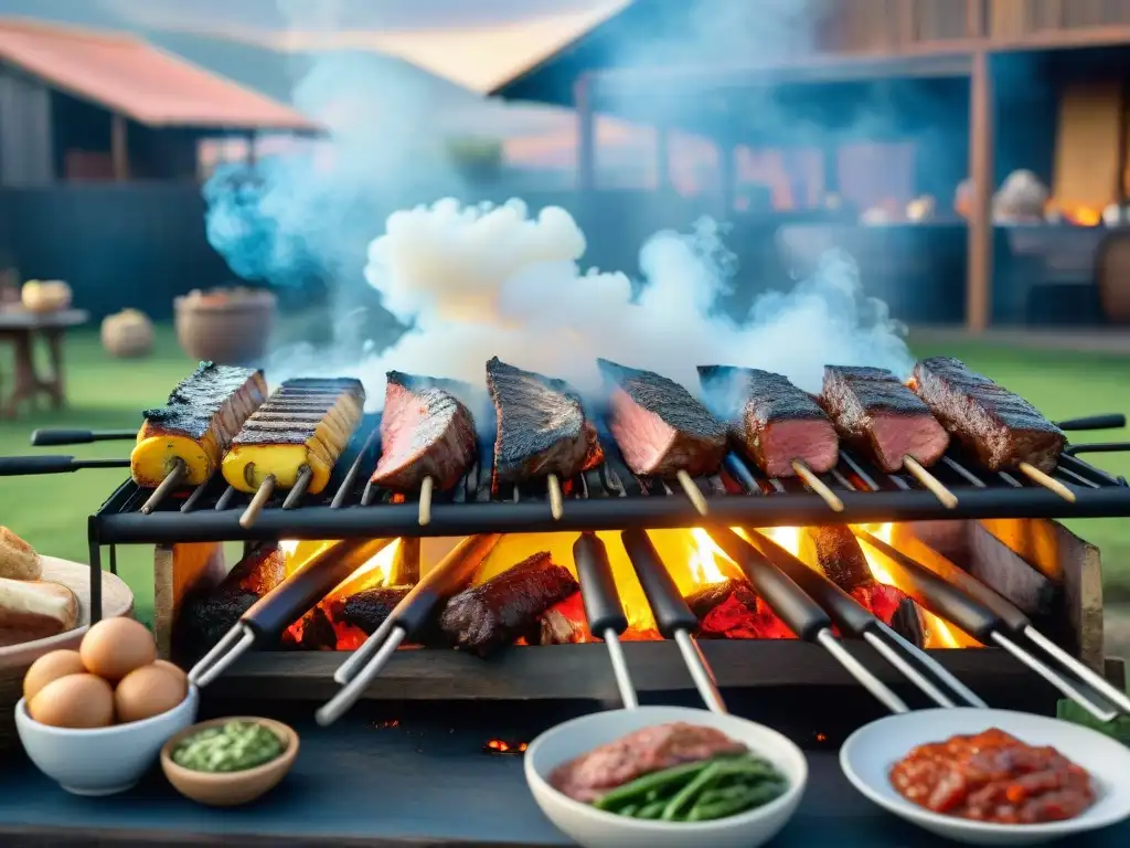 Un asado uruguayo tradicional en el campo, con una parrilla rustica llena de carne rodeada de personas