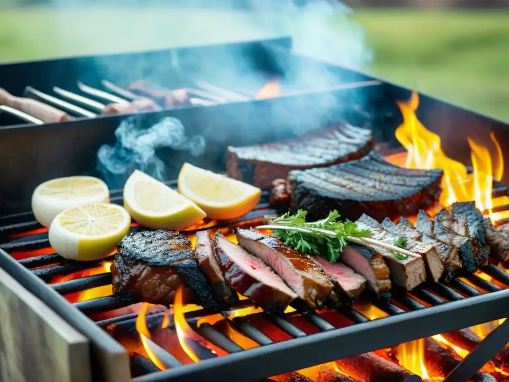 Un asado uruguayo tradicional en el campo: carnes sizzling, gauchos y chimichurri