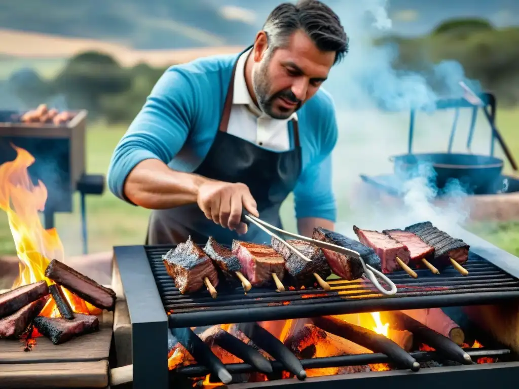 Delicioso asado uruguayo al aire libre Un asado uruguayo tradicional en el campo: carne asándose, humo y un gaucho cocinando
