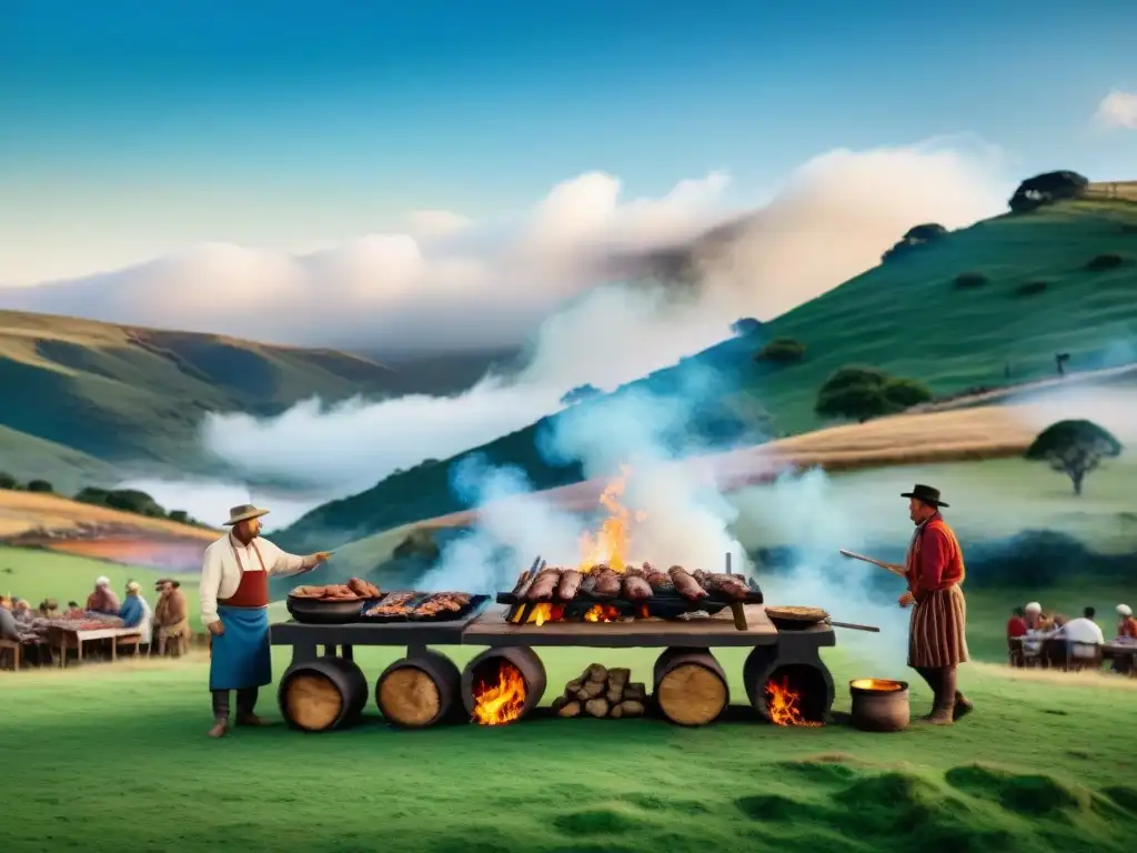 Un asado uruguayo tradicional en el campo, con gauchos alrededor de la parrilla