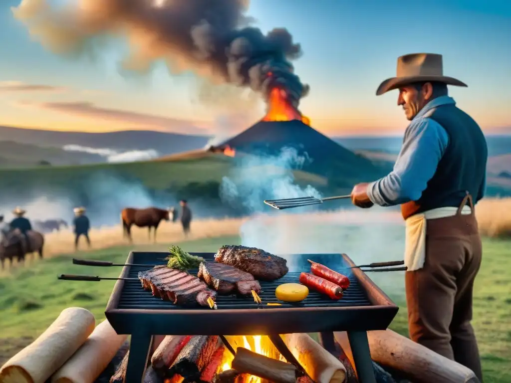 Un asado uruguayo tradicional en el campo: gauchos junto a la parrilla de hierro, humo ascendente y colinas al atardecer