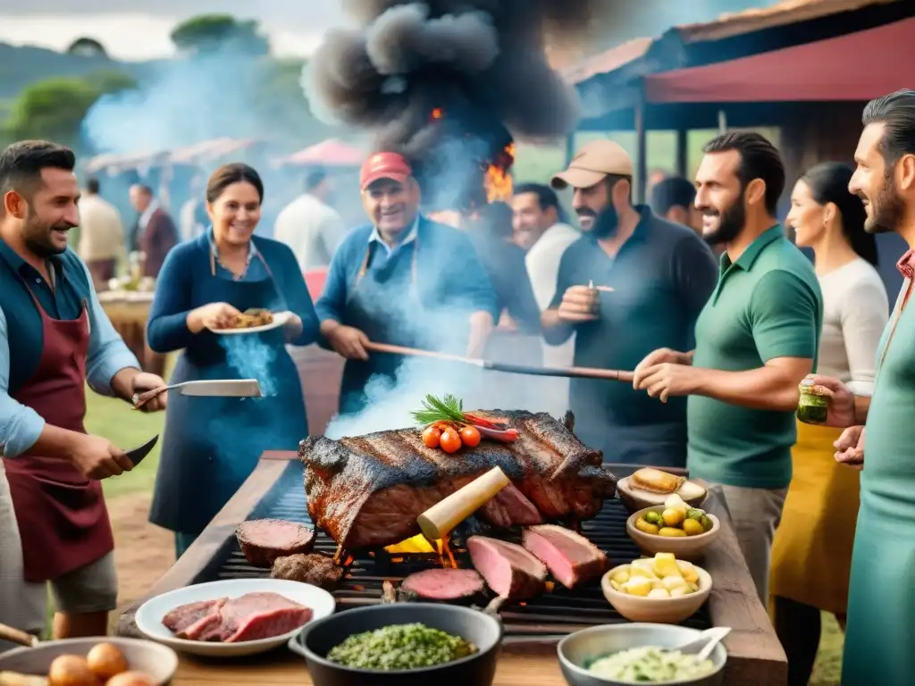 Un asado uruguayo tradicional en el campo, con cortes de carne, chimichurri y una atmósfera de celebración y camaradería