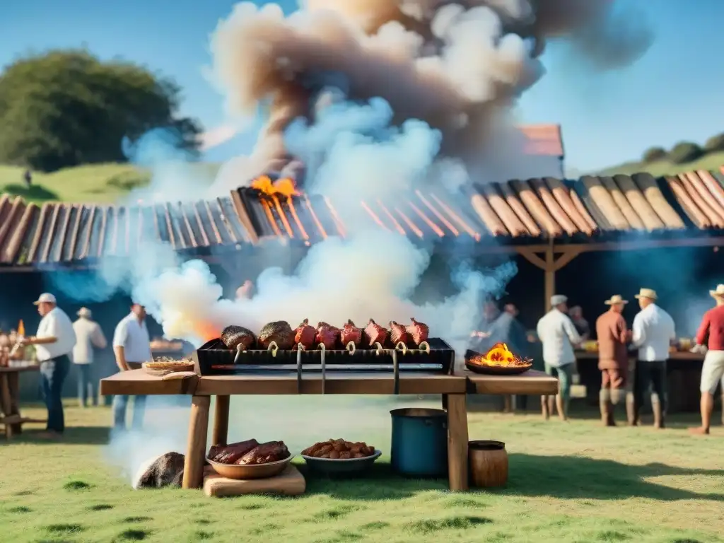 Un asado uruguayo tradicional en el campo, con gente diversa disfrutando y riendo alrededor de la parrilla humeante