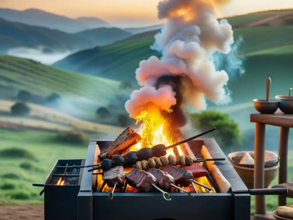 Un asado uruguayo tradicional en el campo, gauchos cuidando el bienestar animal mientras la parrilla sizzles al atardecer