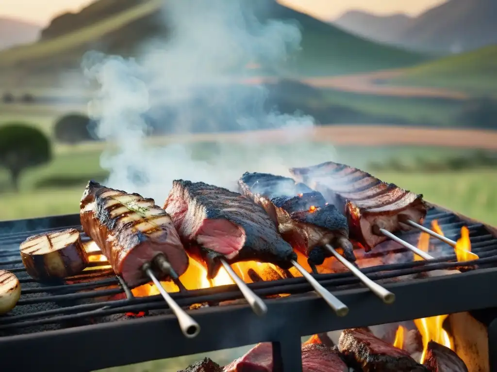 Un asado uruguayo tradicional en el campo al atardecer