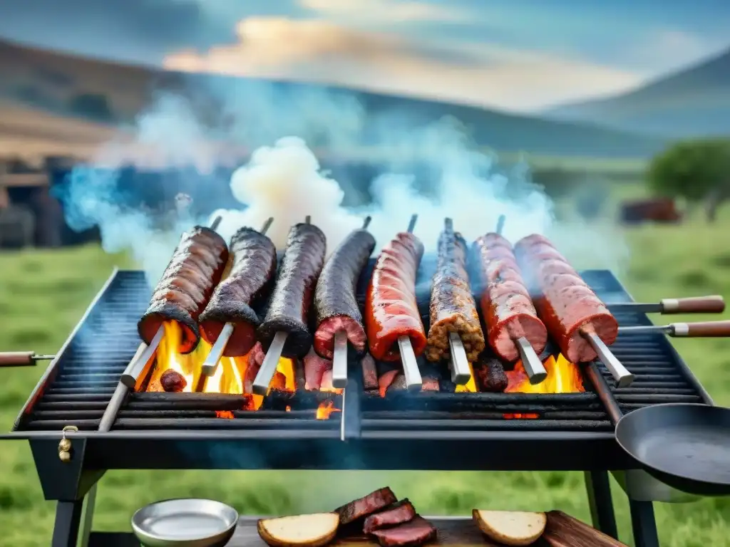 Un asado uruguayo tradicional, cargado de carne y chorizos, rodeado de amigos en un paisaje campestre