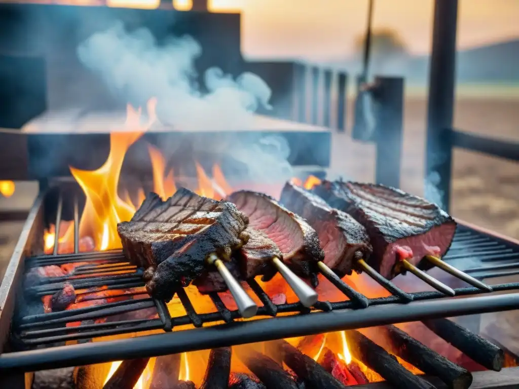 Un asado uruguayo tradicional: gauchos preparan carne en parrilla al atardecer