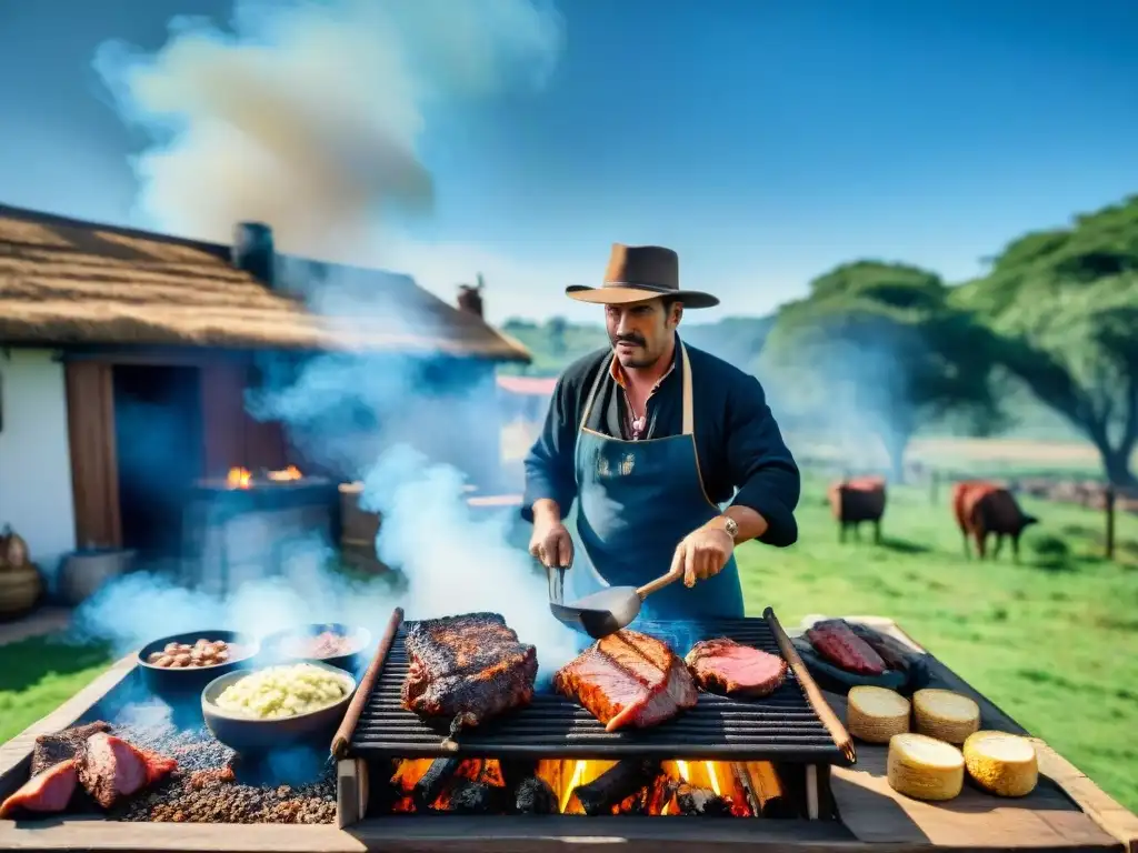 Un asado uruguayo tradicional con gauchos y carne a la parrilla, en el campo