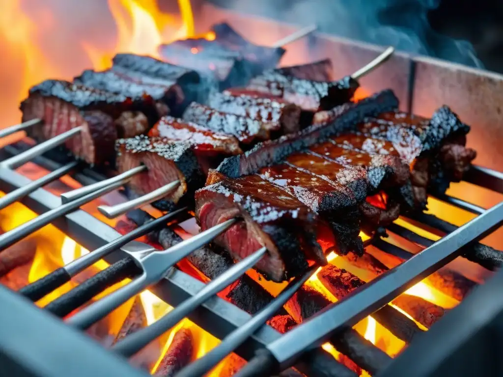 Un asado uruguayo tradicional: carne perfectamente cocida en parrilla, chorizo, morcilla y costillas, todo envuelto en humo y brasas