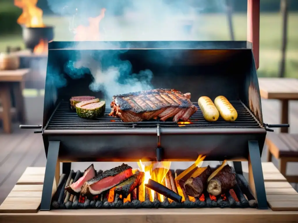 Un asado uruguayo tradicional con carne y chorizos en una parrilla al aire libre, rodeado de chimichurri y ensaladas frescas