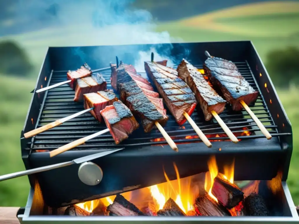 Un asado uruguayo tradicional con carne jugosa y pinzas para asado recomendadas