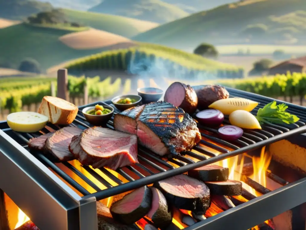 Un asado uruguayo tradicional con carnes y vinos uruguayos en una viña al atardecer