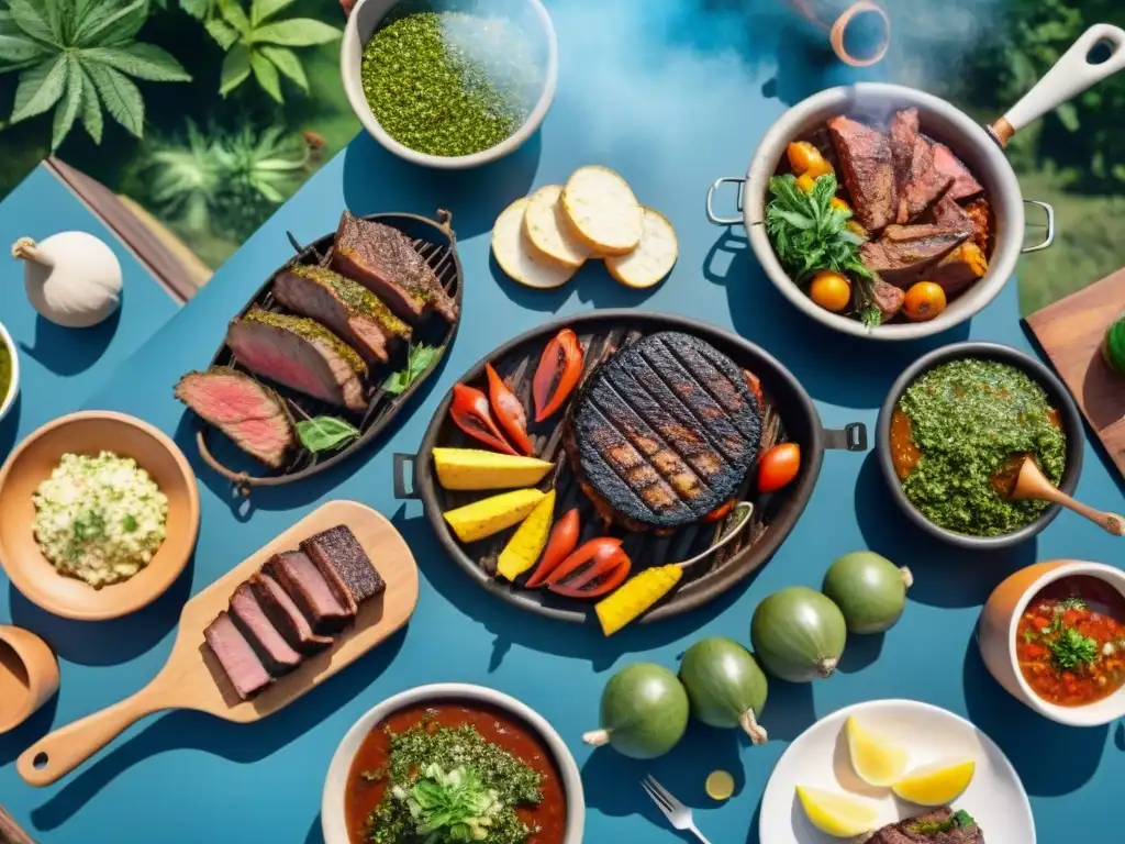 Un asado uruguayo tradicional: carnes en la parrilla, chimichurri, mate y gente compartiendo en un escenario pintoresco al aire libre