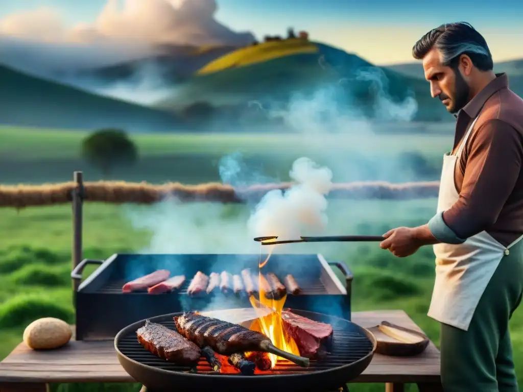 Un asado uruguayo tradicional: carnes sizzling en la parrilla, gauchos, camaradería y la tradición del asado uruguayo en la campiña