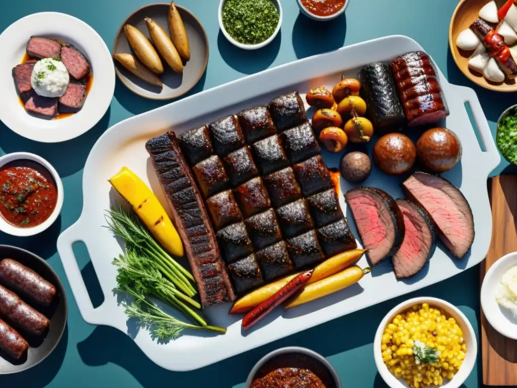 Un asado uruguayo tradicional con carnes a la parrilla, chorizos y morcilla, rodeado de coloridos acompañamientos