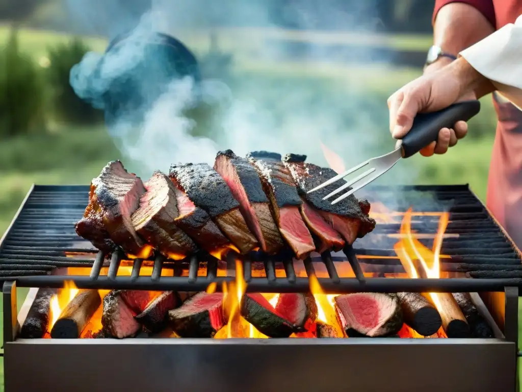 Un asado uruguayo tradicional con carnes sizzling en una parrilla al aire libre, rodeado de exuberante vegetación