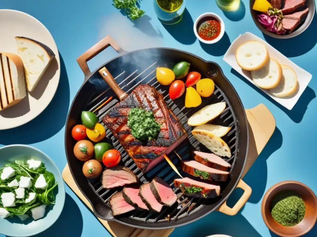 Un asado uruguayo tradicional con carnes y chimichurri en parrilla al aire libre